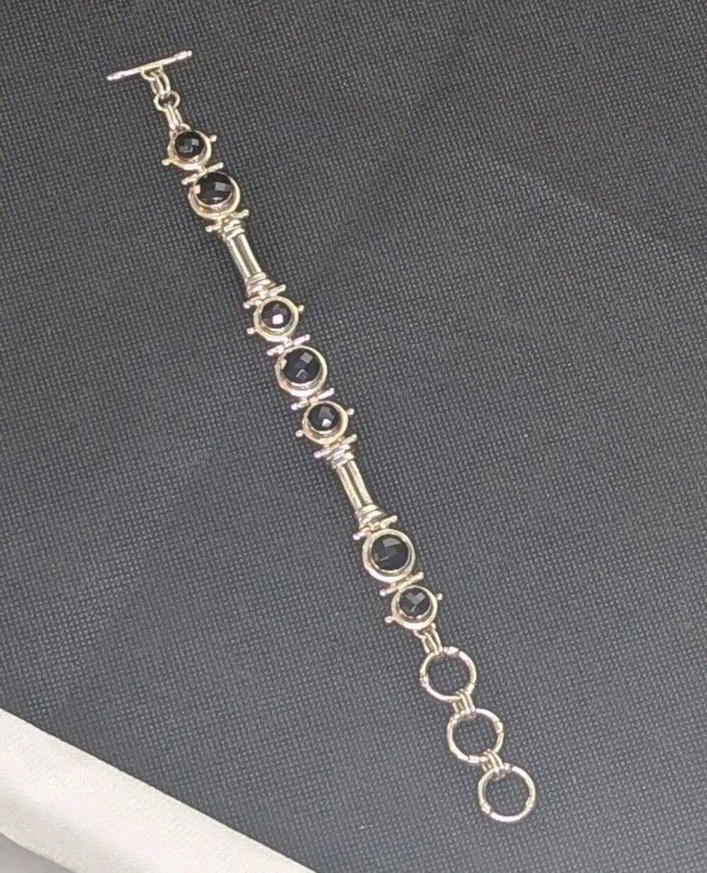 Sterling Silver & Black Spinel Round Checkerboard Toggle Bracelet, Adjustable - Picture 3 of 5